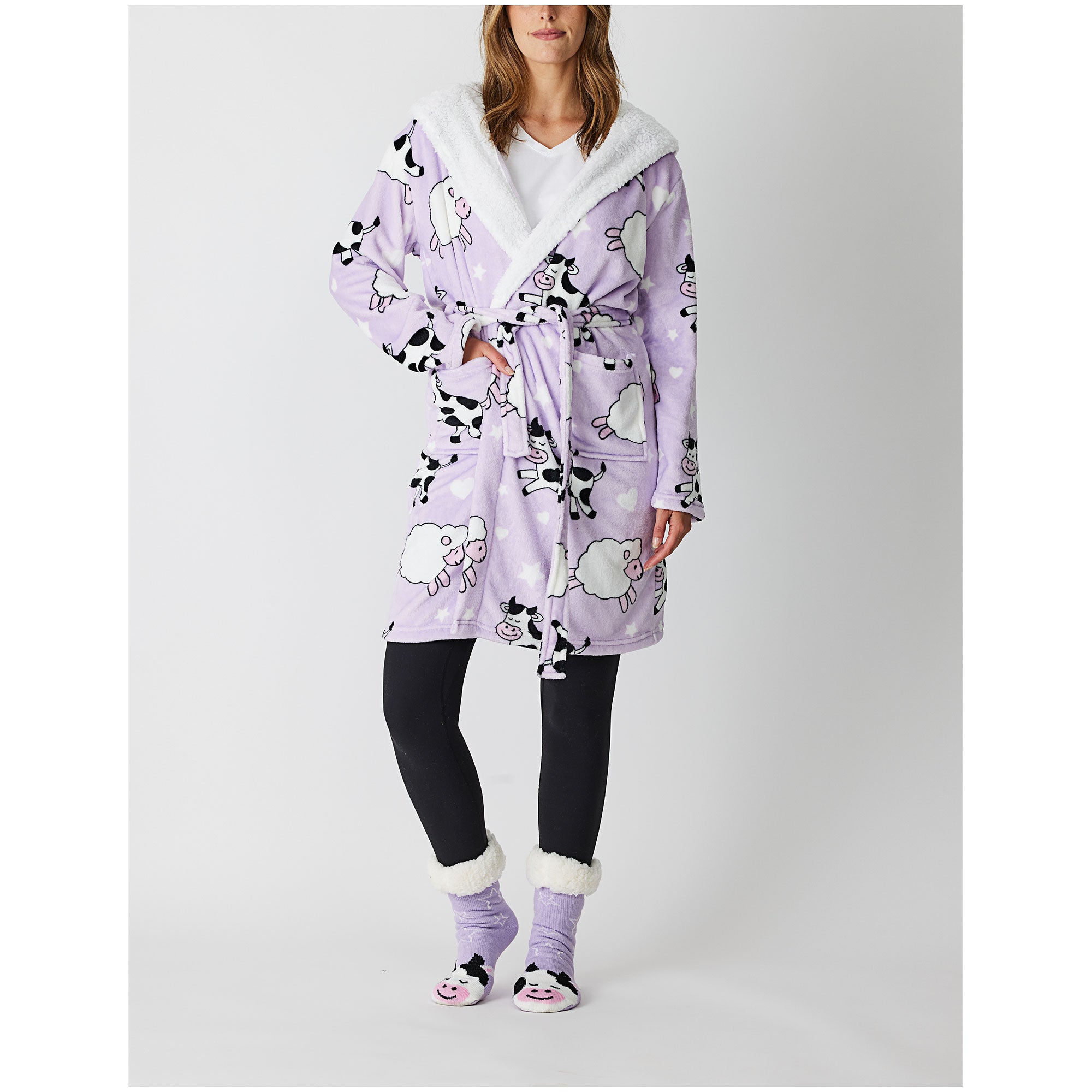 Adult Dressing Gown Cow & Sheep Lavender