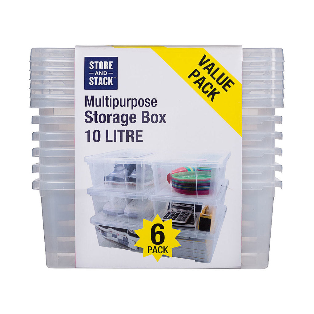 Clear Storage Box With Lid 10L 6pk