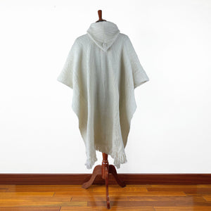 Llama Wool Unisex South American Handwoven Hooded Poncho - wavy striped pattern White