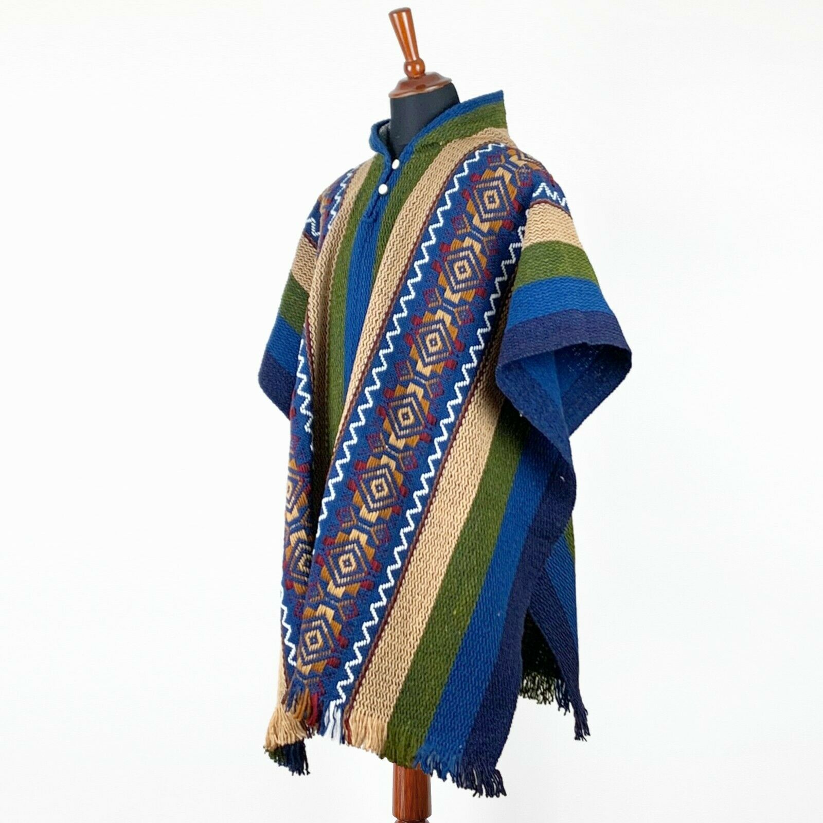 Llama Wool Unisex South American Handwoven Hooded Poncho - green/blue ...