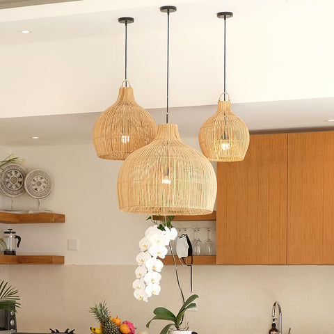 Boho Wicker Handwoven Rattan Pendant Lights Over Island