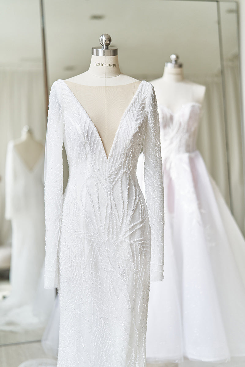Beaded long sleeve wedding gown