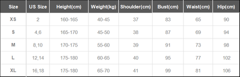 women size chart in cm