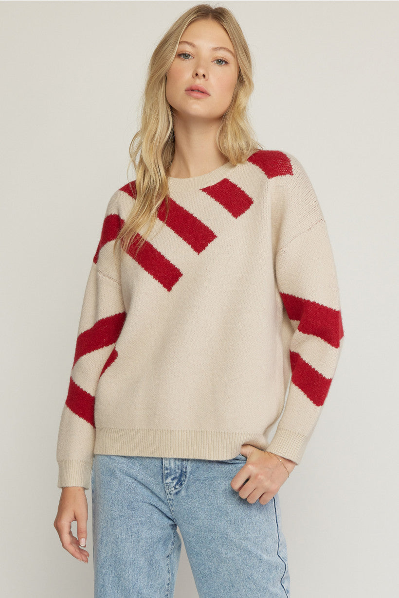 Printed Round Neck Sweater Natural