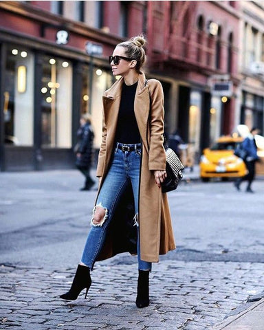 Long coats and boots or ankle boots with heels