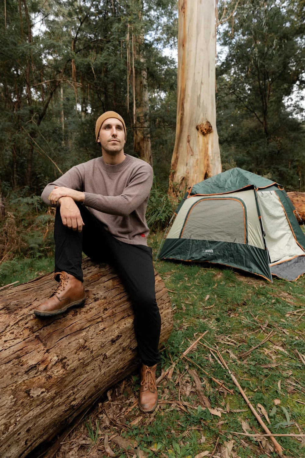 Man sitting on a log in front of a tent in a forest.
