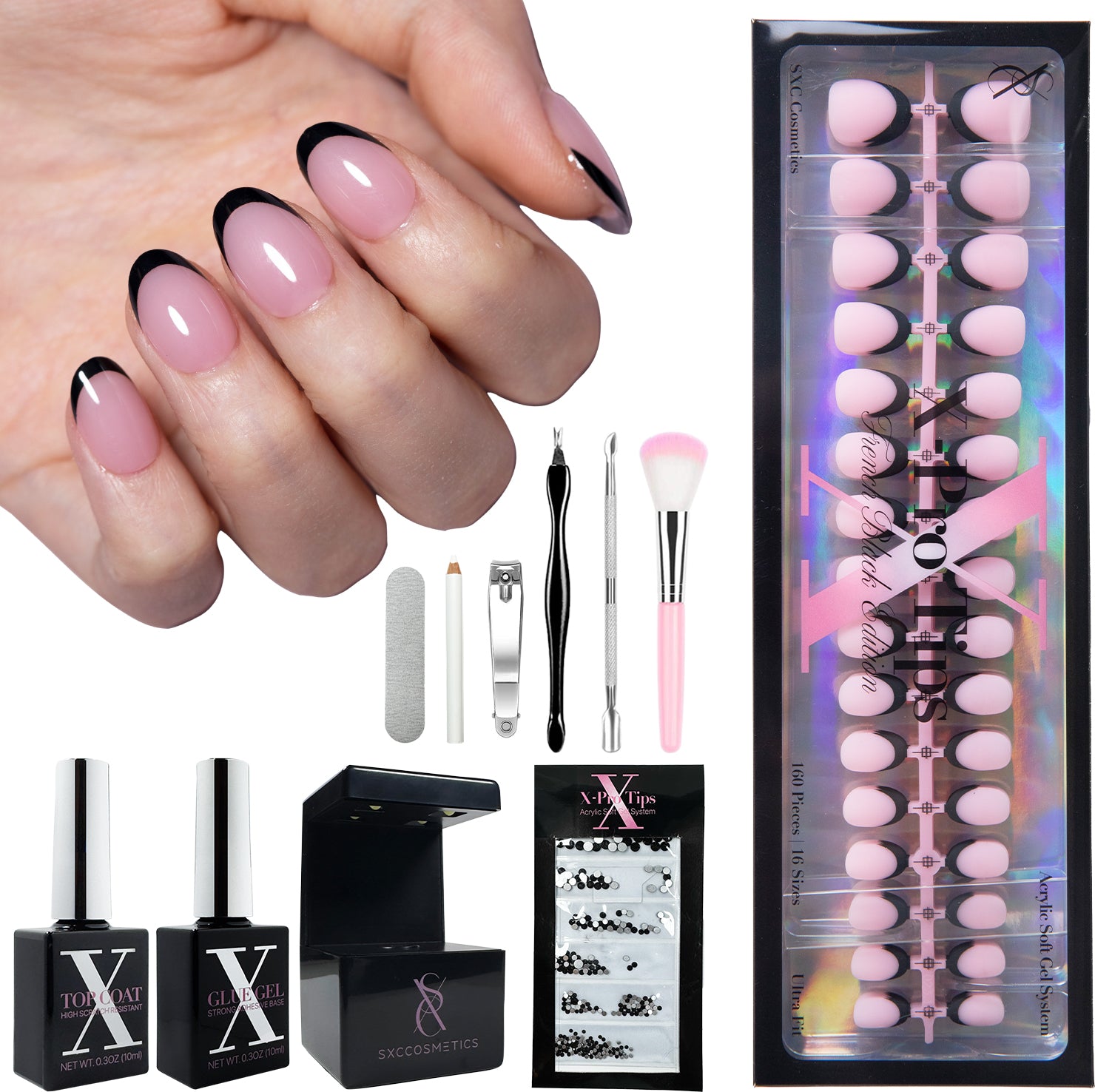SXC Cosmetics X-Pro Tips French Tip Press on Nails – XS Almond French Black Edition (BLACK118KIT-XS Almond)