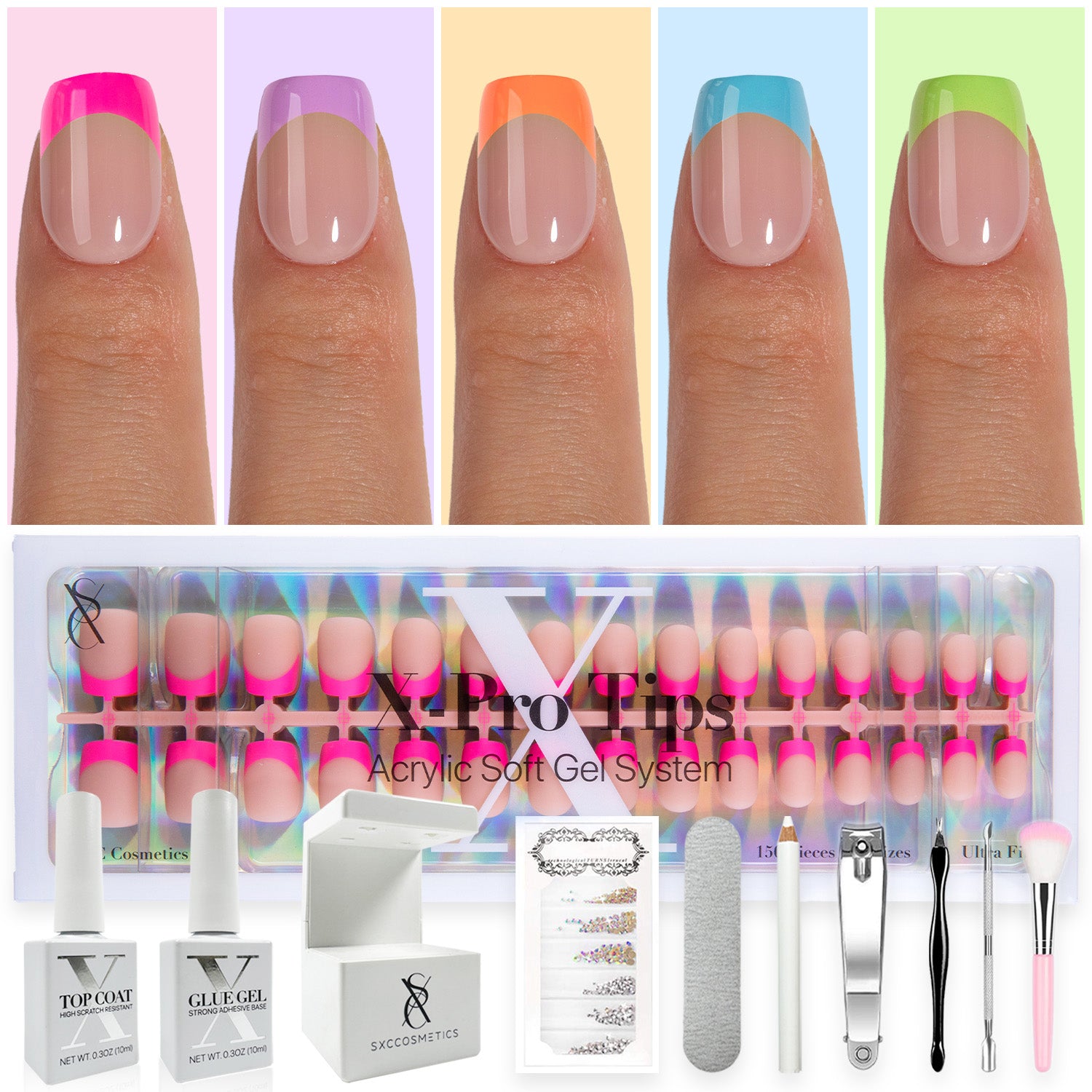 SXC Cosmetics X-Pro Tips French Tip Press On Nails - Bright Pastel Glow in the Dark Series (GLOW113KIT-XS Square)