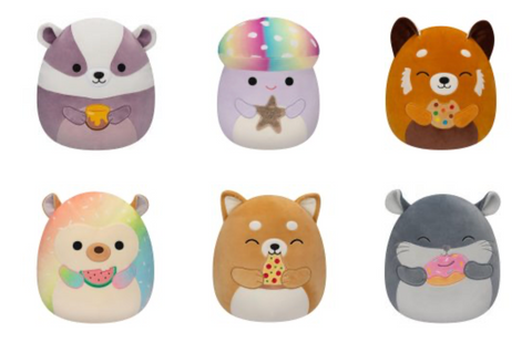 New 12inch Squishmallow Assortment including Honey Badger, Mushroom holding star, Red Panda holding cookie, Hedgehog holding watermelon, Shiba Inu Dog holding pizza, and Chinchilla holding pink sprinkle donut.