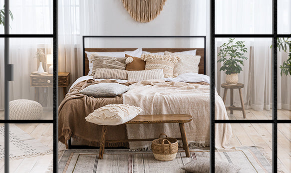 A modern rustic style bedroom featuring an Artiss metal queen size 'Dane' bed frame with an earthy-tone bedding set.
