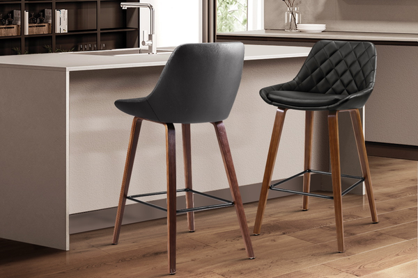 Artiss Ezio leather upholstered bar stools with a beautiful diamond-cut backrest and solid bentwood frame are truly a heavenly match to this contemporary kitchen interior.  