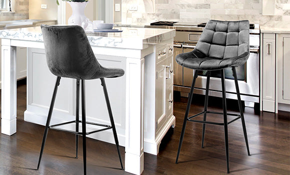 Our Artiss Audrey velvet upholstered bar stools in grey add a luxurious touch to this modern kitchen.