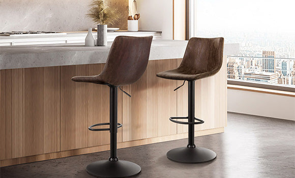 Upholstered in vintage PU leather, Artiss Jovy pedestal bar stools look picture-perfect in a bright, contemporary-styled modern kitchen. 