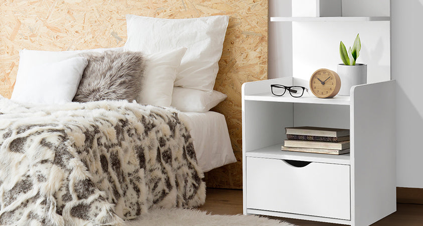 The Artiss Evermore bedside table in white with open and closed storage blends style and convenience in this modern minimalist bedroom theme. 