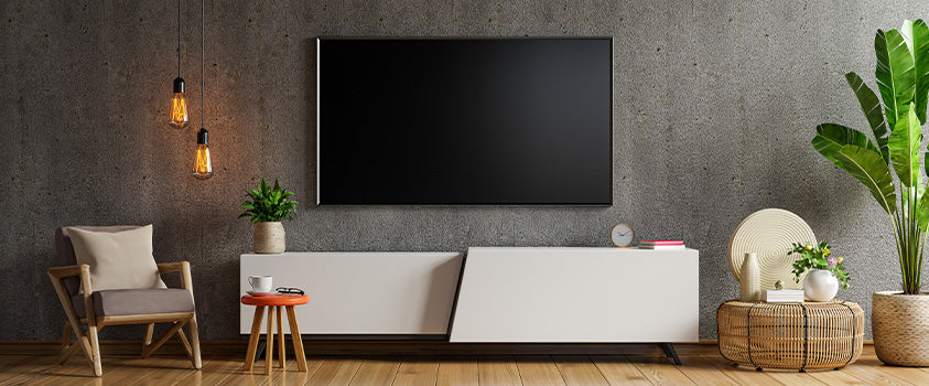 A wall-mounted television is perfect for a well-balanced living room setting.