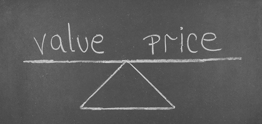 A simple chalk picture of a see-saw with the word "value" on the left and "price" on the right.