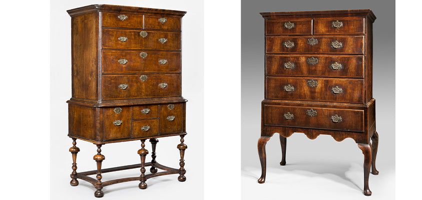 Two pictures of traditional tallboys with dark wood, ornate carved legs, and brass fittings.