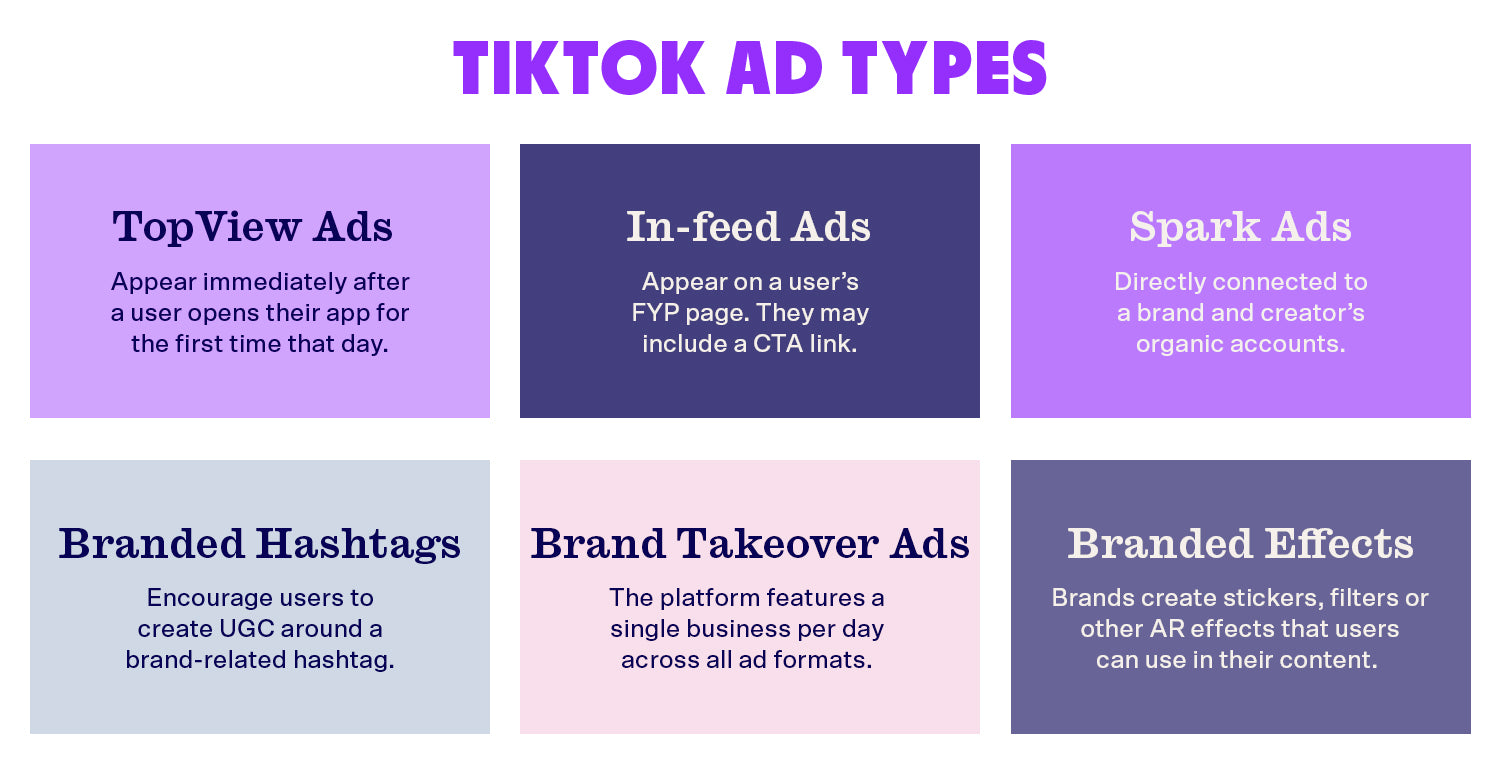 There are a variety of TikTok ad types such as TopView Ads and In-feed Ads, that can target audiences at different stages of their TikTok usage.