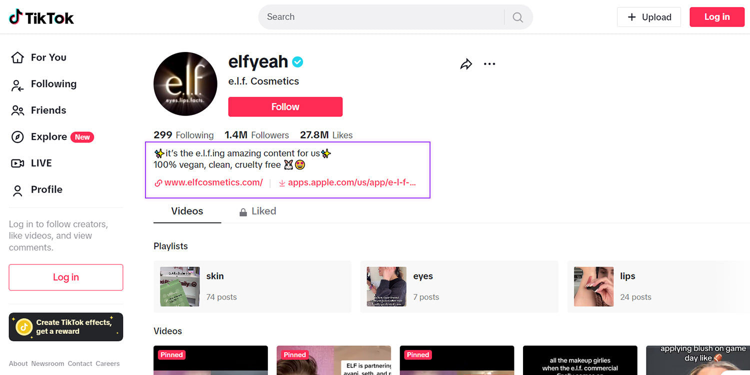 A screenshot of the Elf Cosmetics TikTok profile with the bio, "it’s the e.l.f.ing amazing content for us".