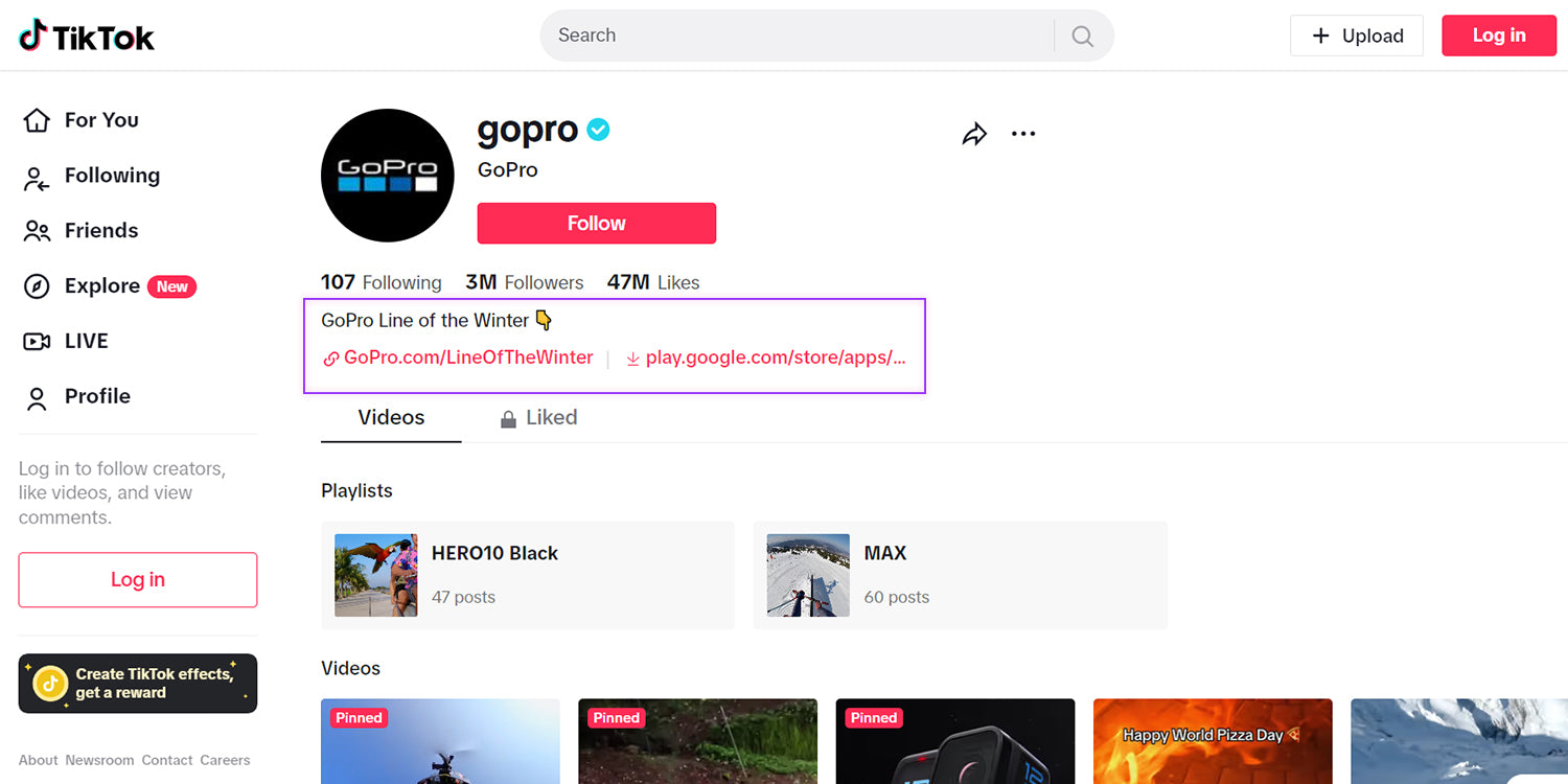 A screenshot of the GoPro TikTok profile with the bio, "GoPro Line of the Winter" and a link to their online store.