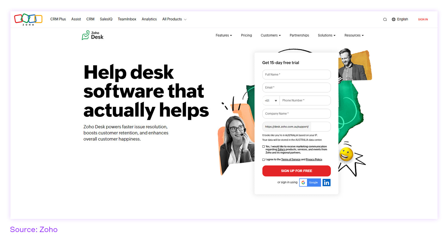 A screenshot of Zoho Desk's website, offering a 15 day free trial.