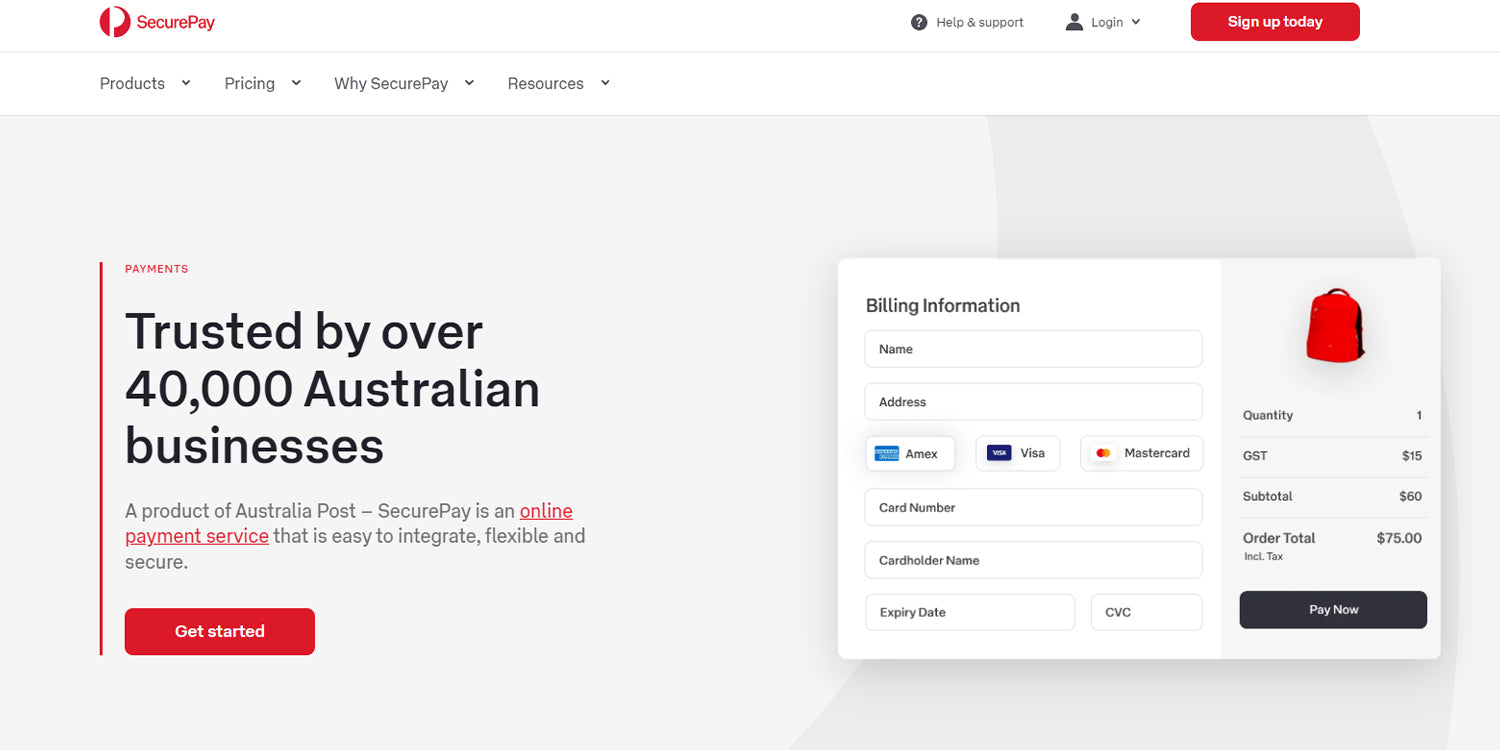 A screenshot of SecurePay's website which highlights how this payment gateway is trusted by over 40,000 Australian businesses.