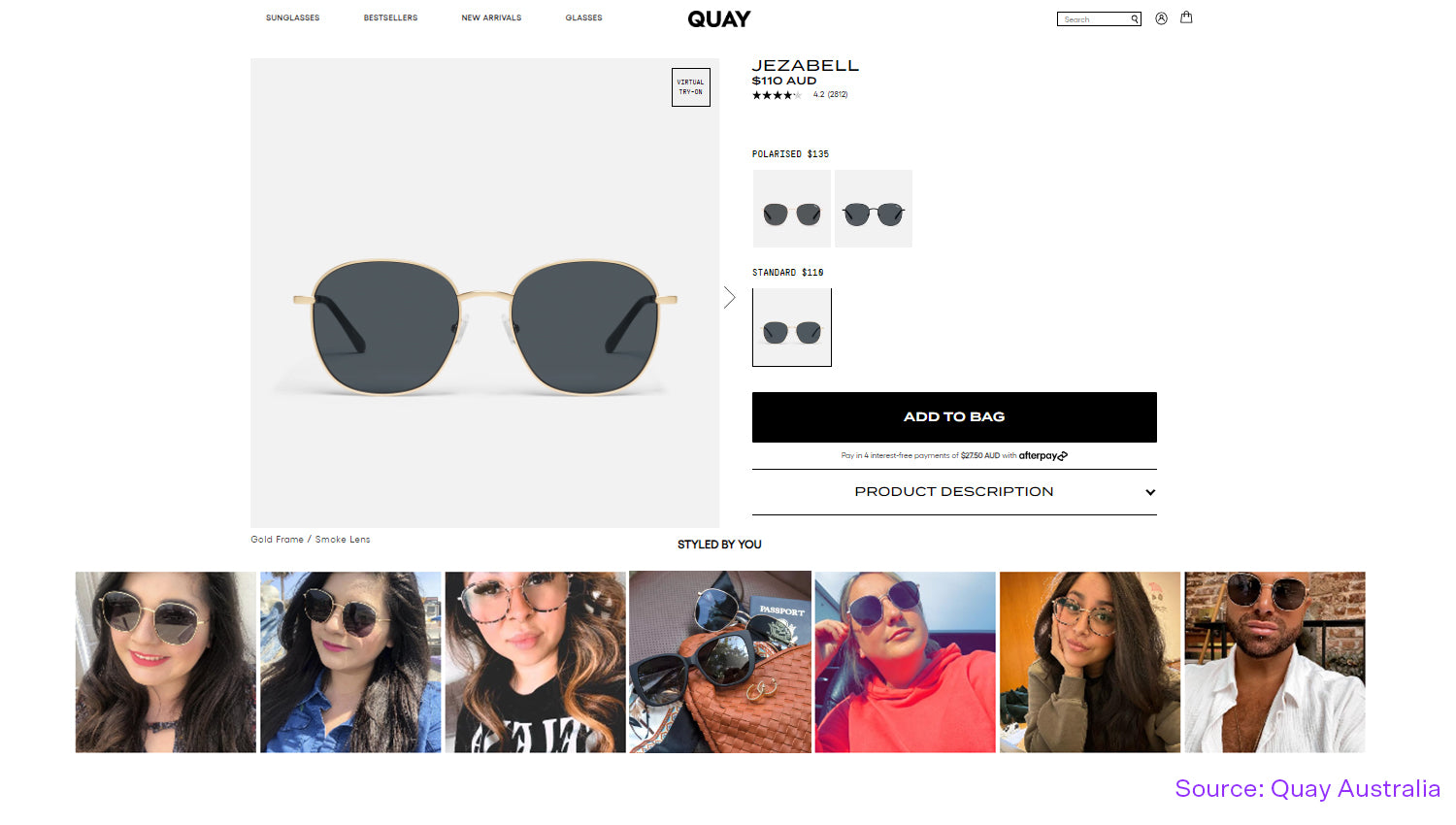 Quay Australia incorporates UGC on its product pages to drive conversions through genuine social proof.