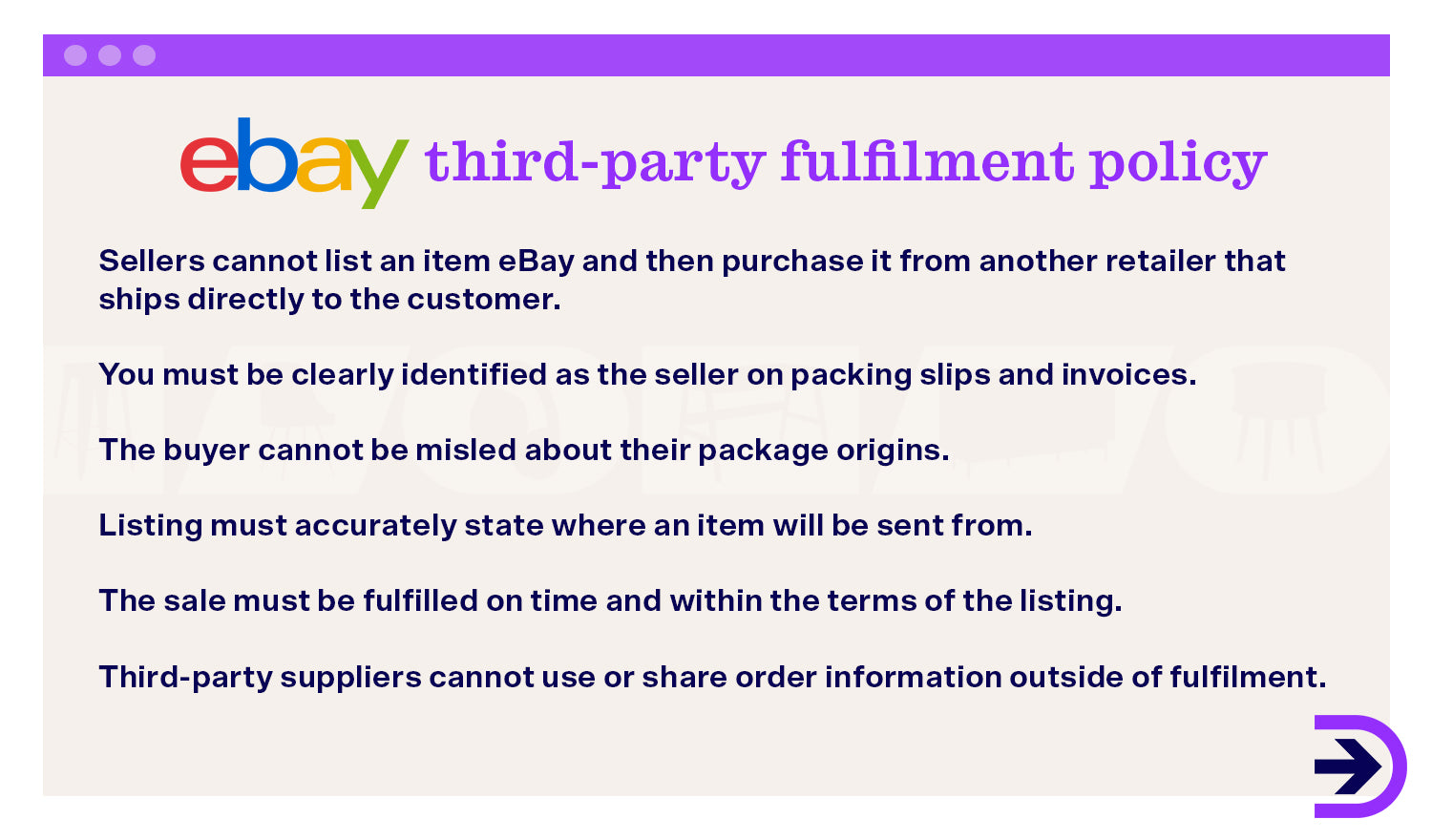 eBay's third-party fulfilment policy states that the package and listing must be clearly identifiable to be from where the customer has purchased from.