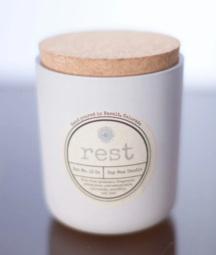 Grey "rest" candle from Aspen clean candle co