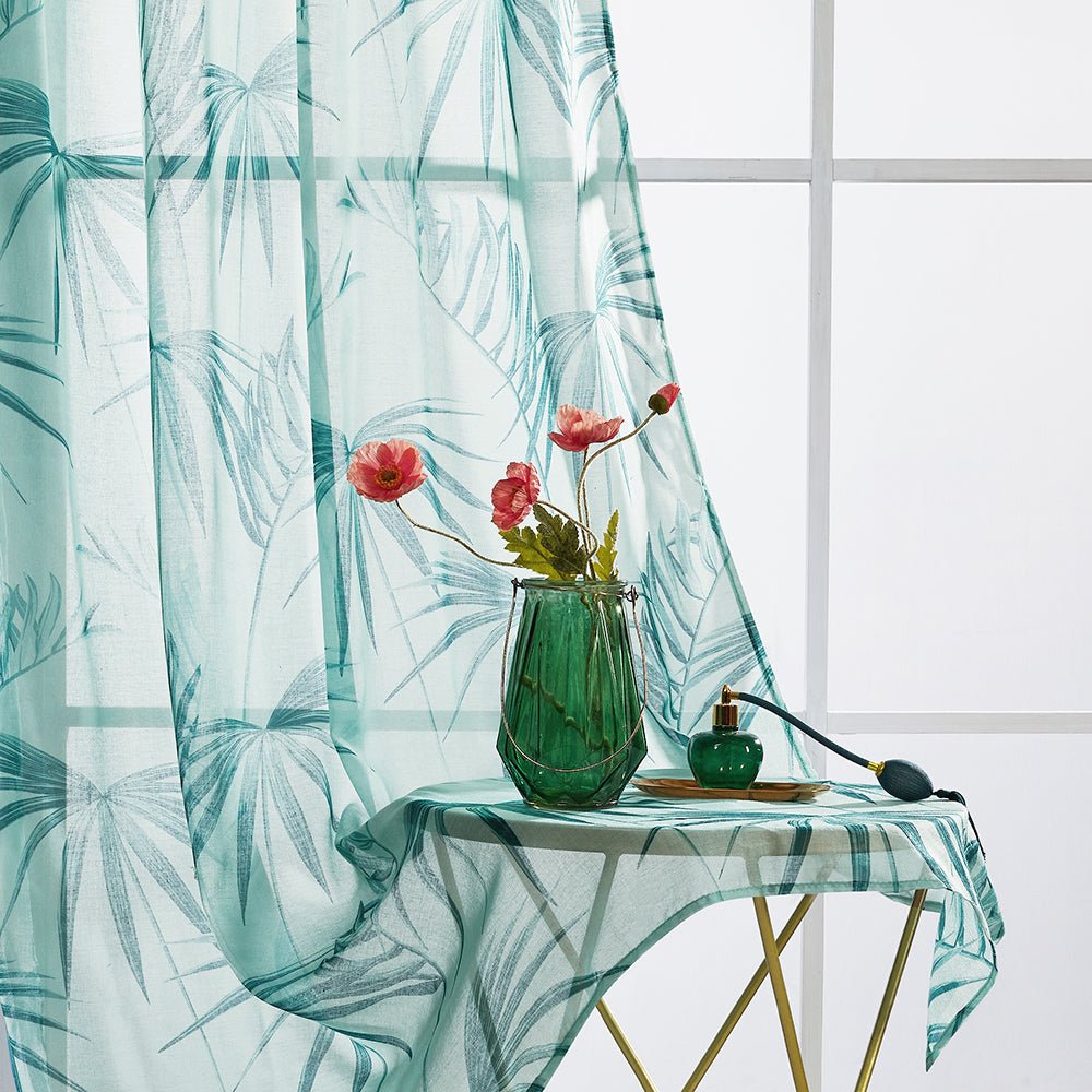 Tropical Leaves Sheer Curtains - 2022 En-Vogue Designer Series Deconovo - Palm Tree Patterned Net/Voile Drapes - 2 Panels