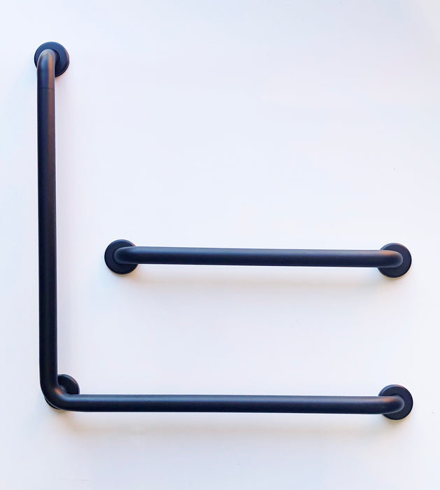 Matte black grab bar l shape 30" x 30" knurled non slip grip with a matching 24" straight grab bar for OBC  Edit alt text