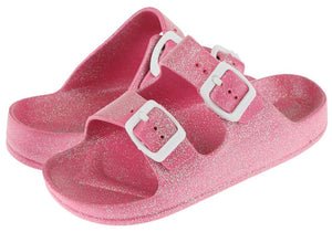 Girls Pink Shimmer Double Strap Slip-On Sandal