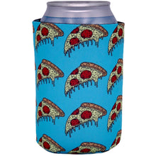 Load image into Gallery viewer, can koozie with pizza slice pattern and light blue background print all over design
