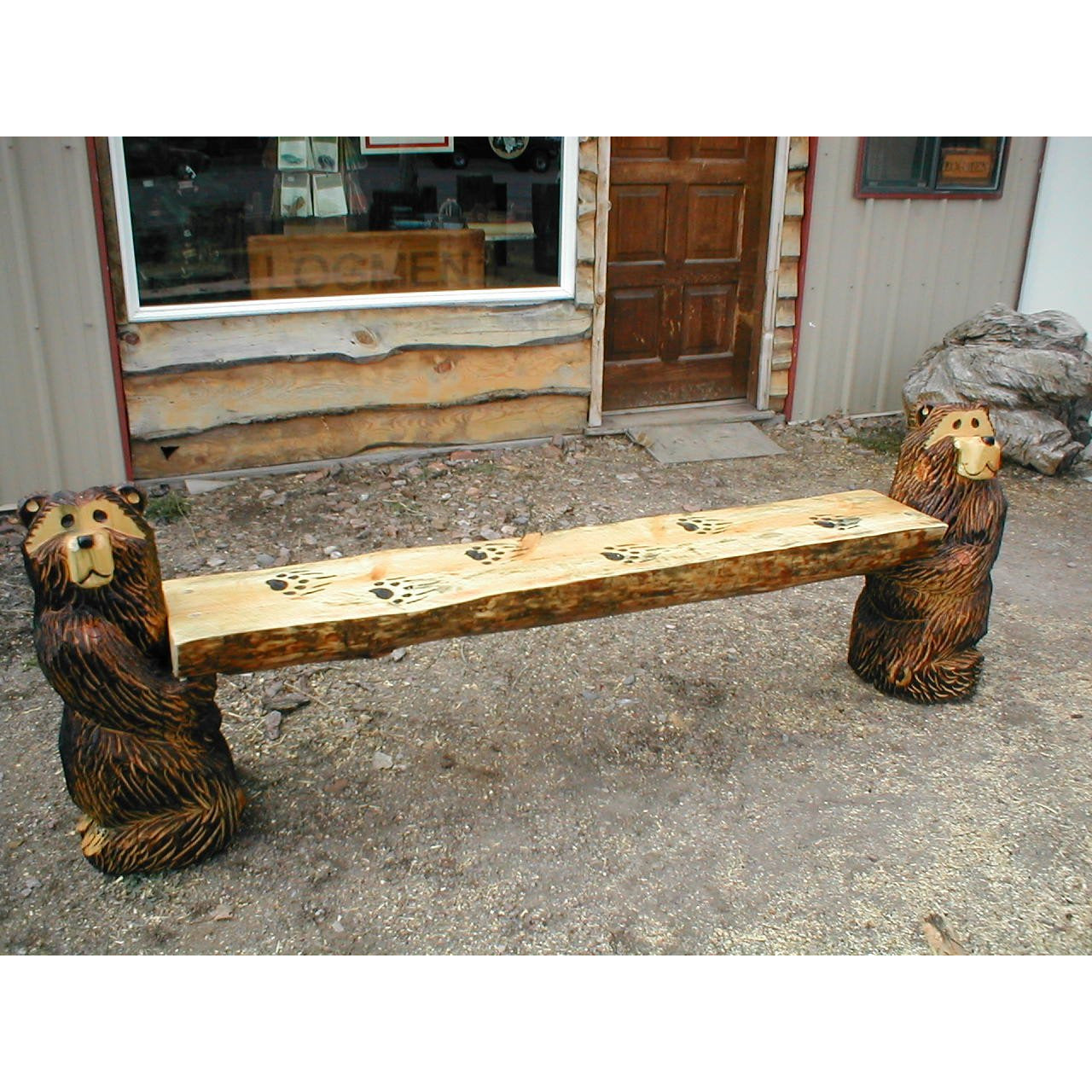 Chainsaw Carved Rustic Half Log Kneeling Bear Bench Great