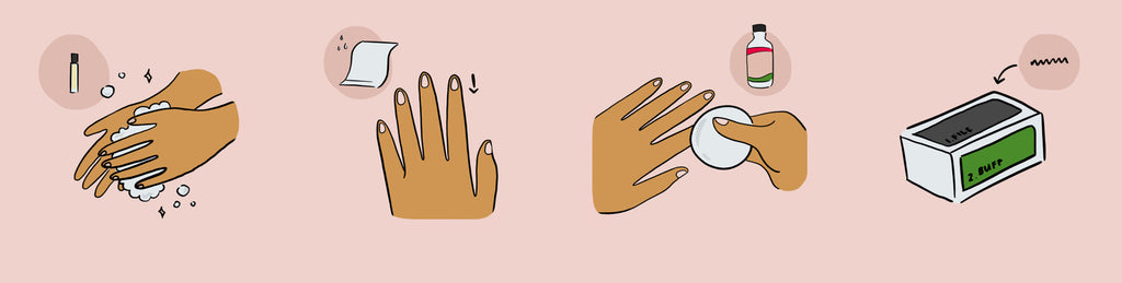 Steps to a manicure - wash hands, prep & clean