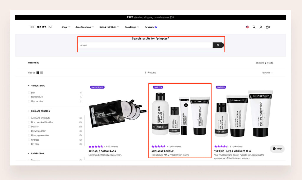 eCommerce search on The INKEY List store