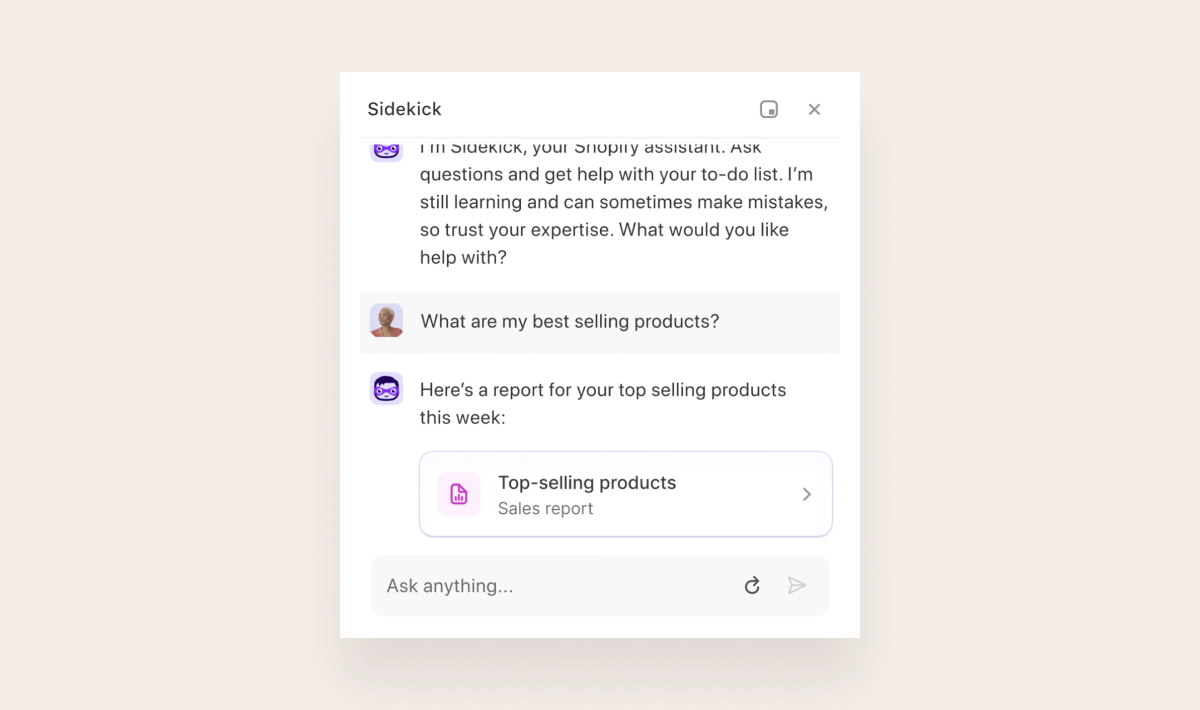 Shopify Sidekick AI for inquiring about products