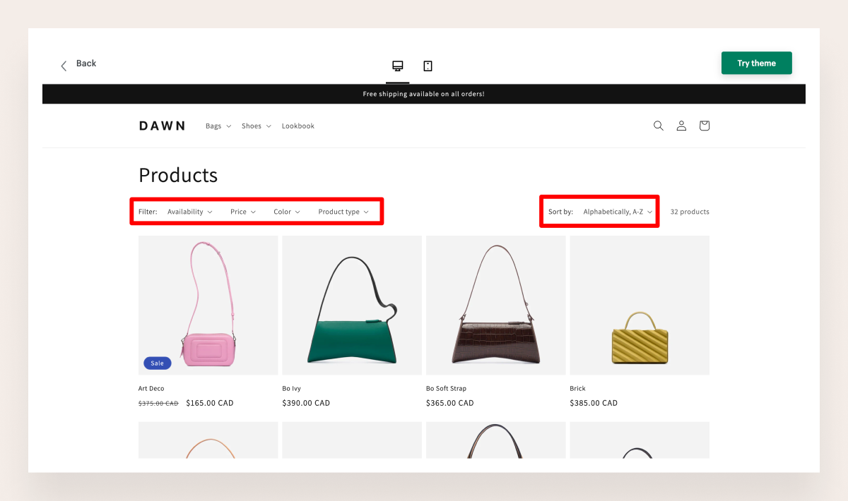 Product filtering and sorting of Shopify Dawn theme