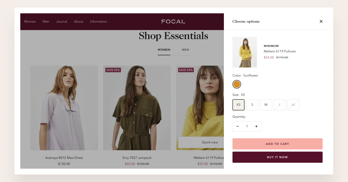 Quick buy feature of focal theme shopify