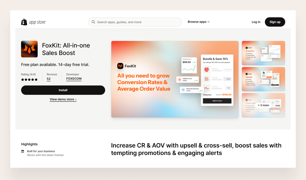 foxkit, a shopify app that provides upsell and cross-sell features