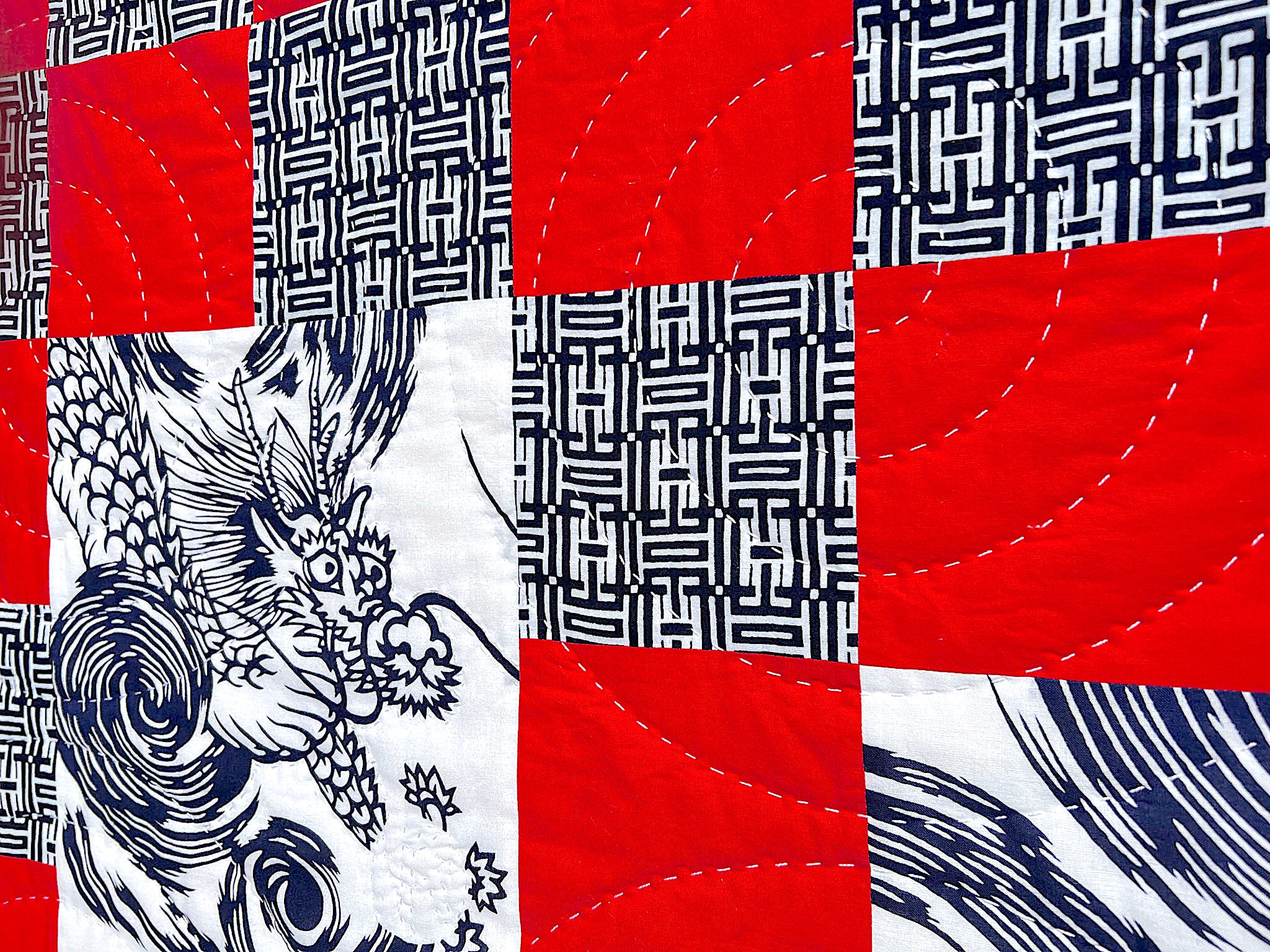 Big stitching on Japanese Dragon Quilt by Patricia Belyea