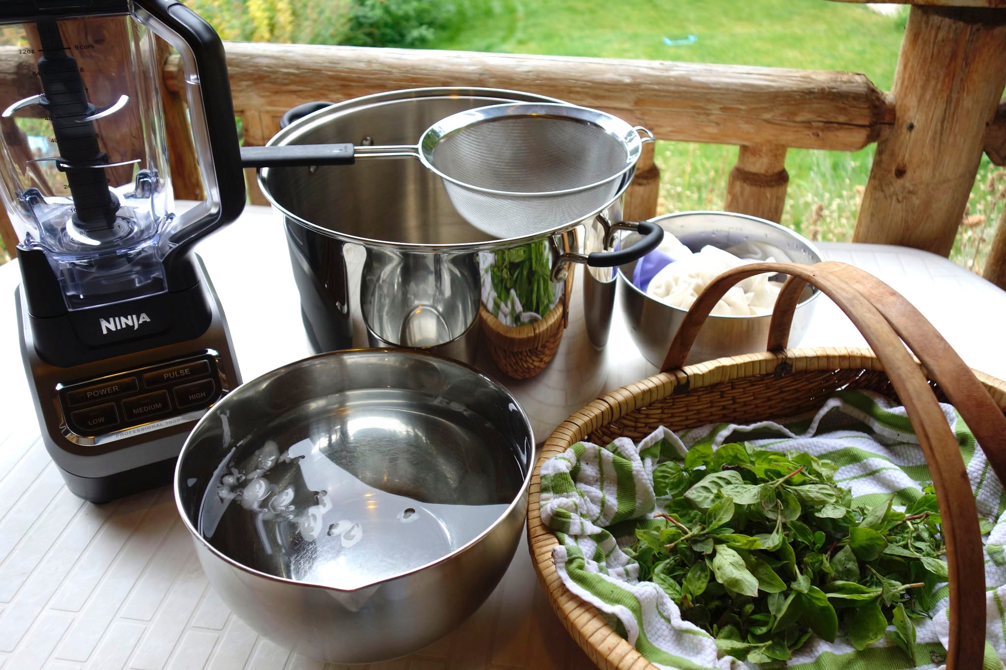 Getting everything ready for a fresh leaf indigo dye experiment at Okan Arts