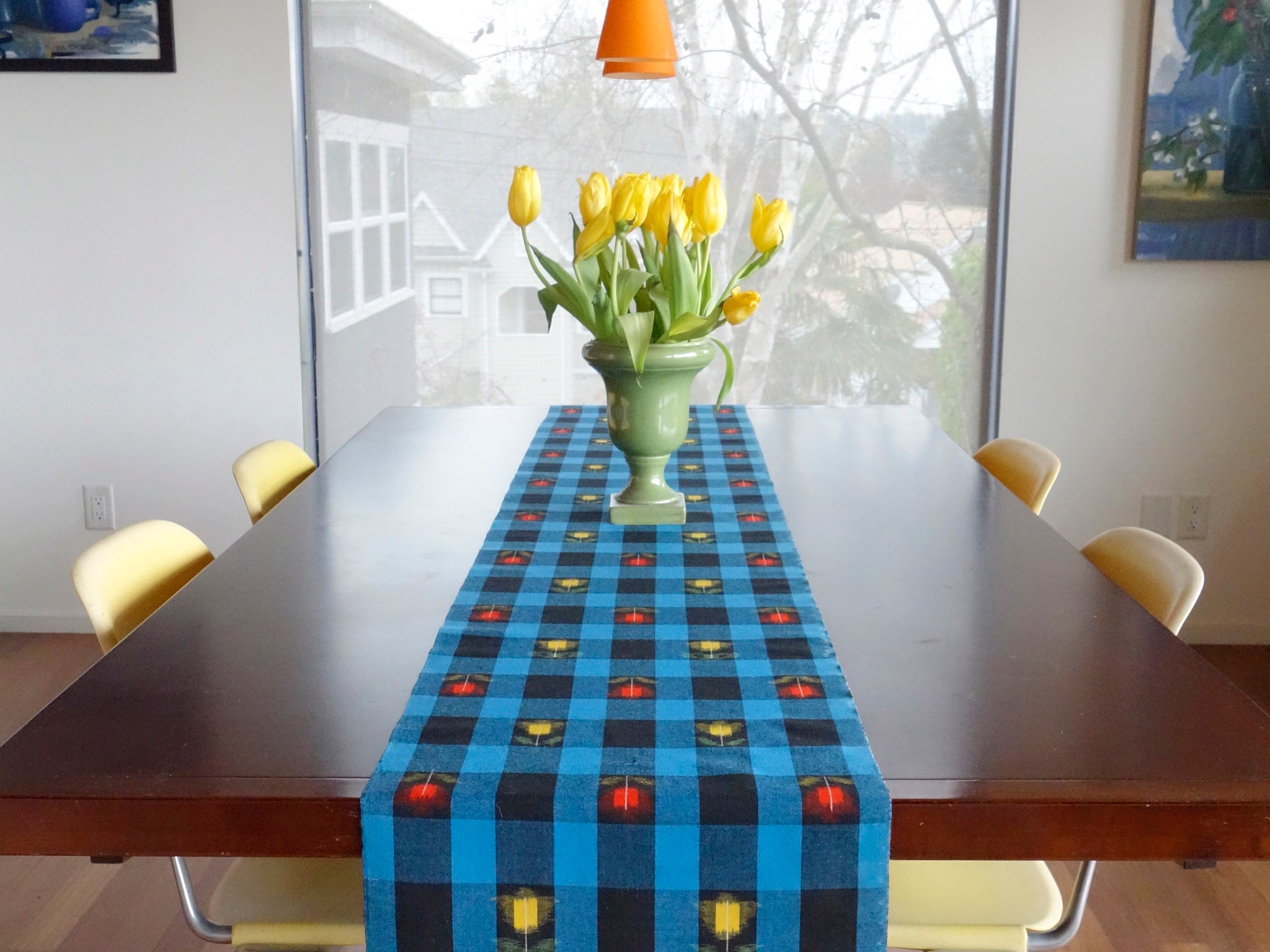 Table runner made with ikat-woven kimono wool from Okan Arts