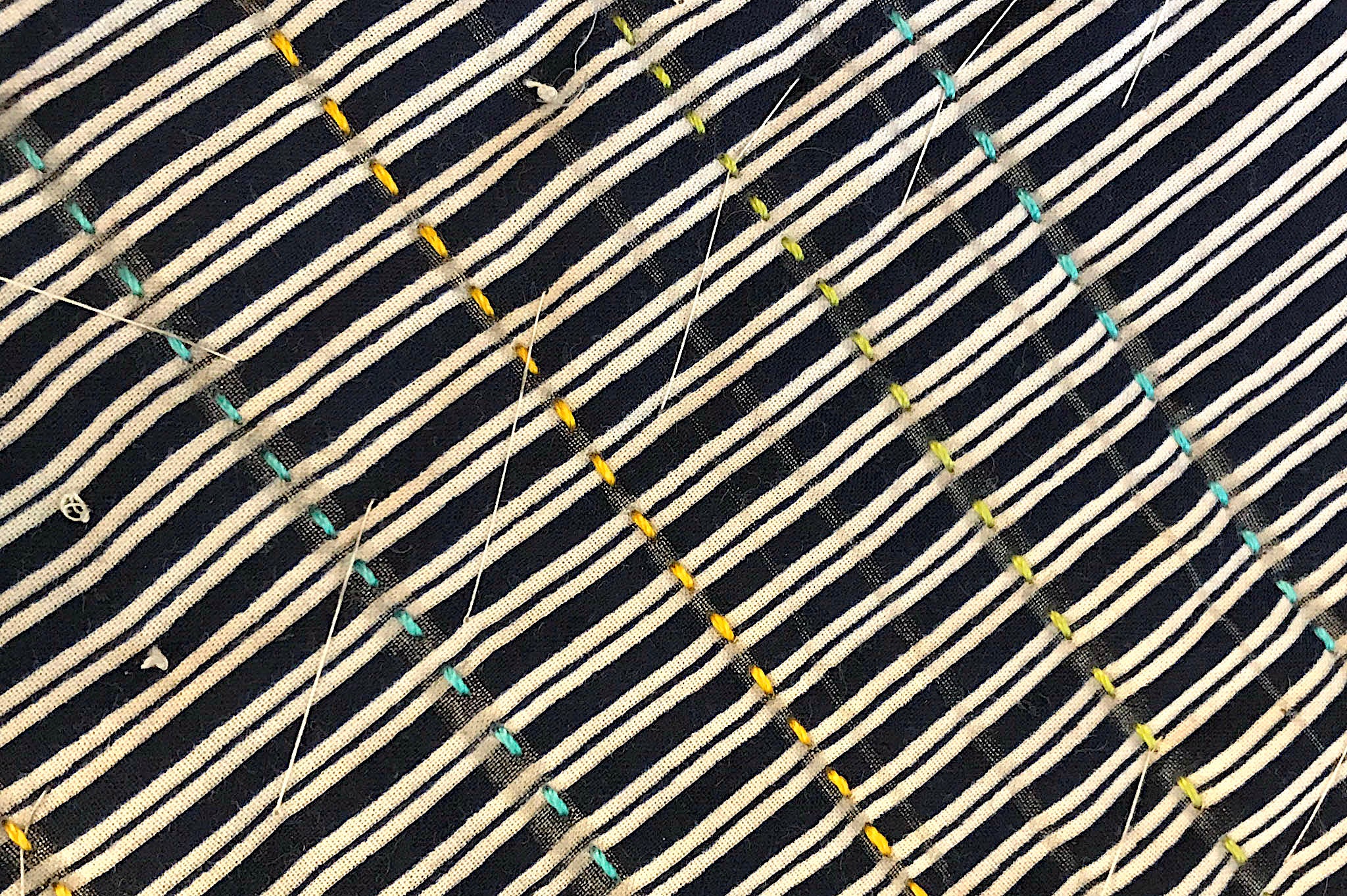 Detail of stitching in progress on Boro Quilt by Victoria Stone on a Sashiko 2 sewing machine