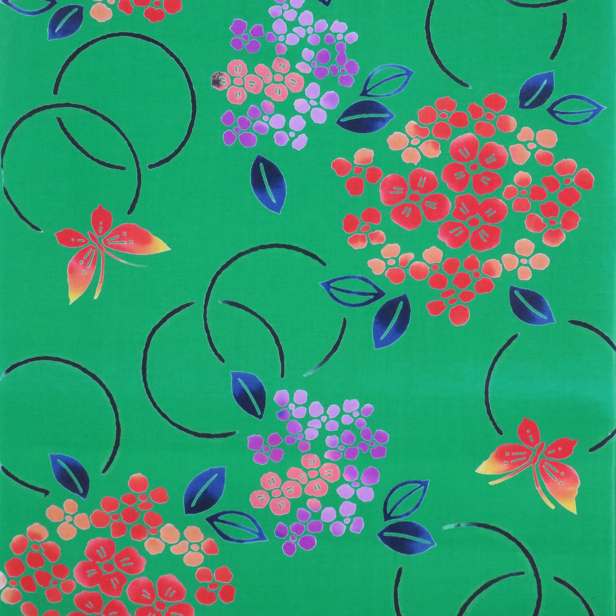 Vintage Japanese yukata cotton from Okan Arts patterned with hydrangea