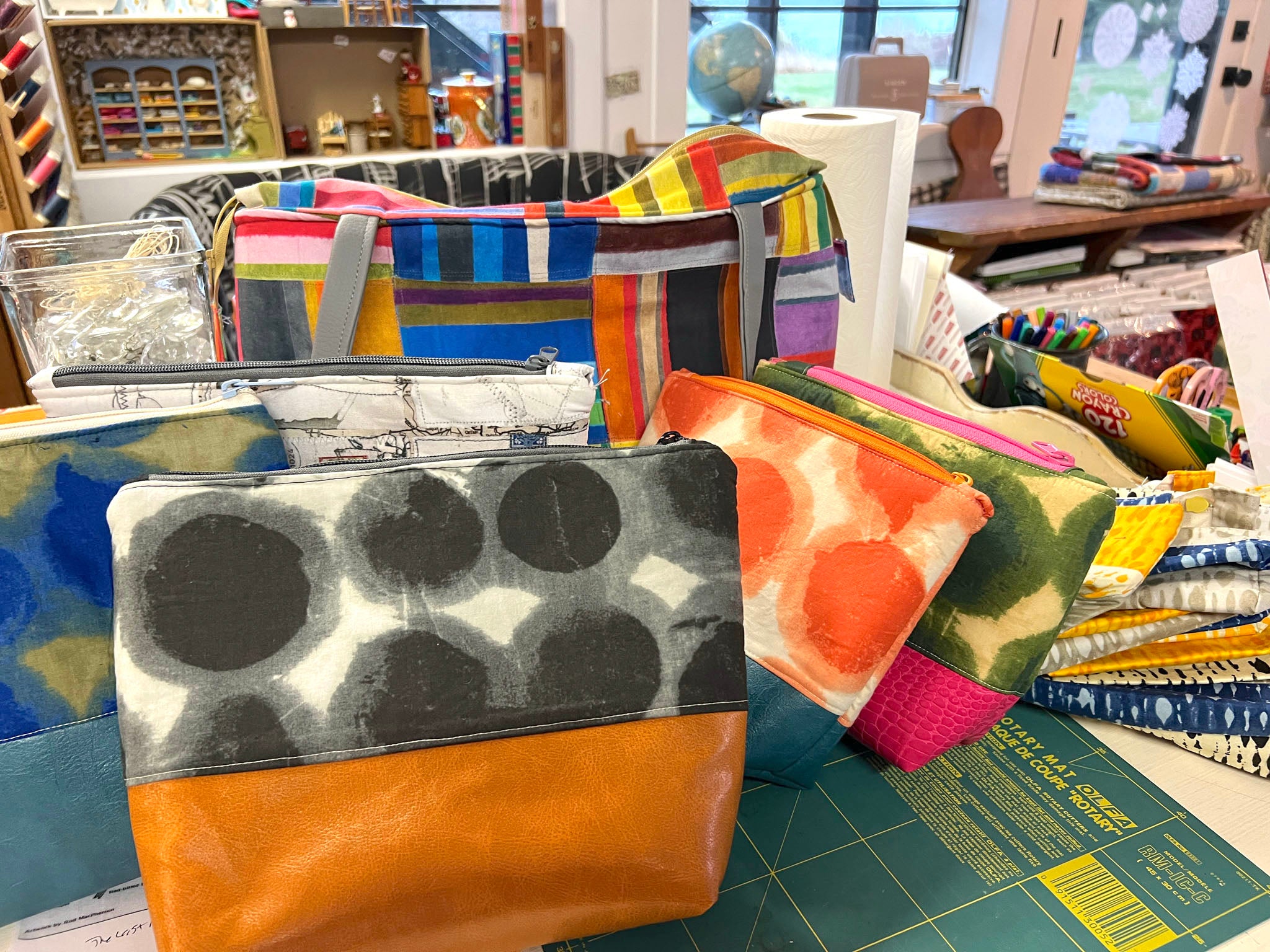 Bags made with fabric designed by Marcia Derse