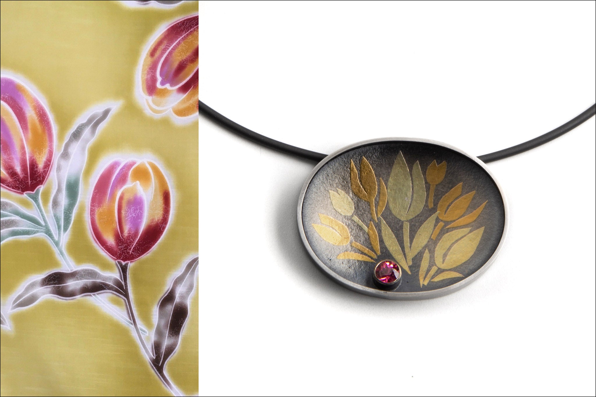 Tulip Mania, a necklace created by Carolina Andersson for the Yukata Jewelry Show 2022—a creative collaboration between Okan Arts and Danaca Design