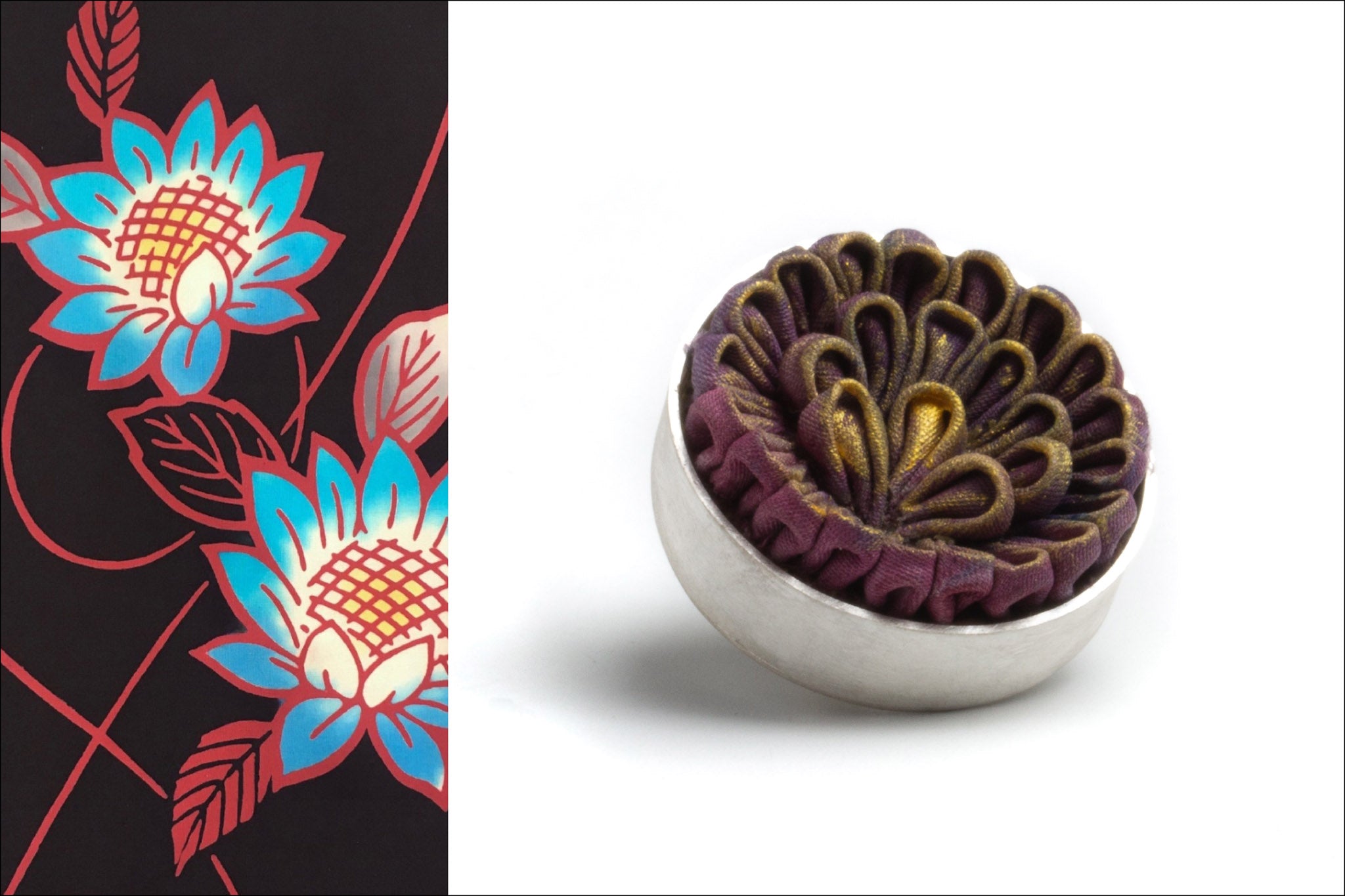 Golden Petals, a brooch by Nancy Megan Corwin for the Yukata Jewelry Show 2022—a creative collaboration between Okan Arts and Danaca Design