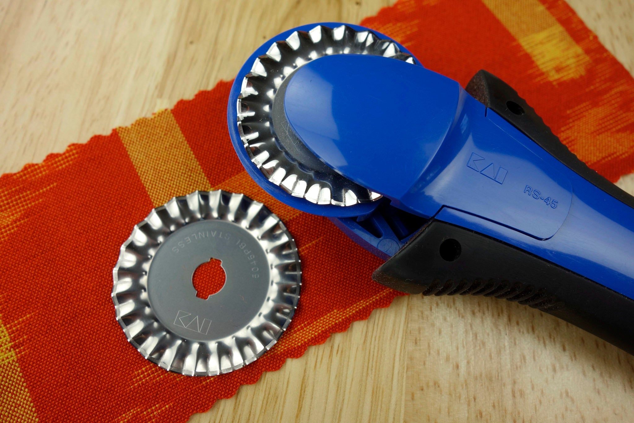 KAI rotary cutter with a pinking blade in the sewing studio of Patricia Belyea