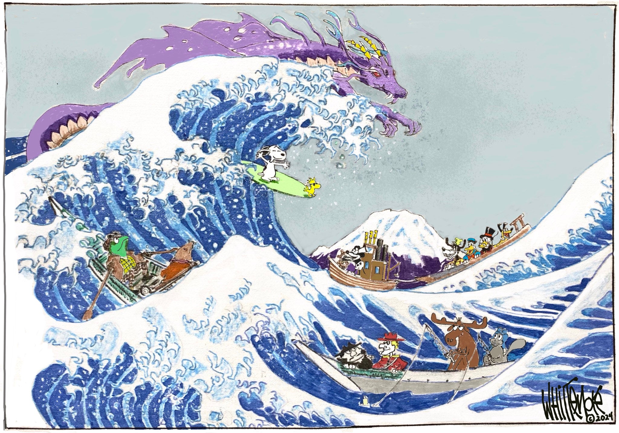 Cartoon by Thomas Whittemore, inspired by Hokusai’s Great Wave